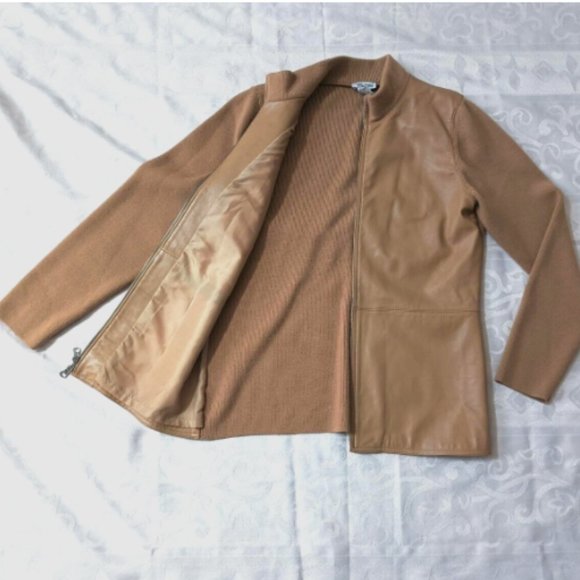 Bird Hill Genuine Leather Front Wool Back & Sleeves 2-way Zipper Jacket M Cognac - Picture 8 of 16